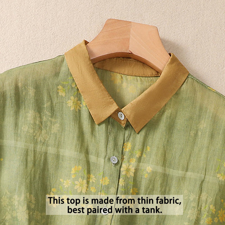 Koszula damska z krótkim rękawem i guzikami z małymi żółtymi kwiatami i liśćmi Buddha Stones - image 4