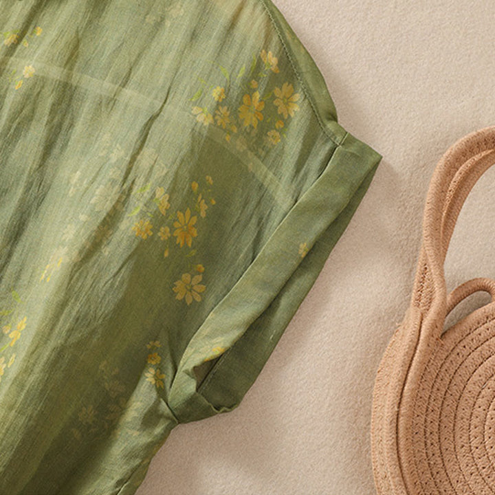 Koszula damska z krótkim rękawem i guzikami z małymi żółtymi kwiatami i liśćmi Buddha Stones - image 6