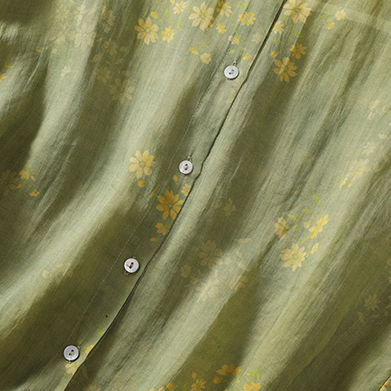 Koszula damska z krótkim rękawem i guzikami z małymi żółtymi kwiatami i liśćmi Buddha Stones - image 7