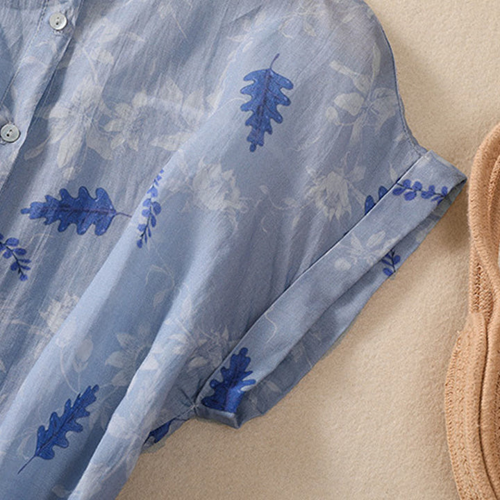 Koszula damska z krótkim rękawem i guzikami z małymi żółtymi kwiatami i liśćmi Buddha Stones - image 14