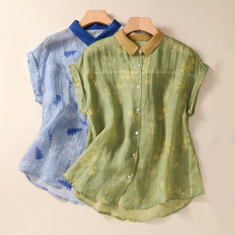 Koszula damska z krótkim rękawem i guzikami z małymi żółtymi kwiatami i liśćmi Buddha Stones - image 2