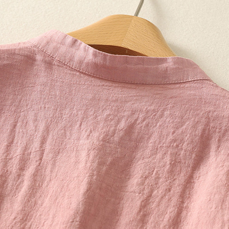 Koszula damska z krótkim rękawem z bawełny i lnu "Buddha Stones" z krótkim rękawem i gładkimi czerwonymi guzikami - image 8