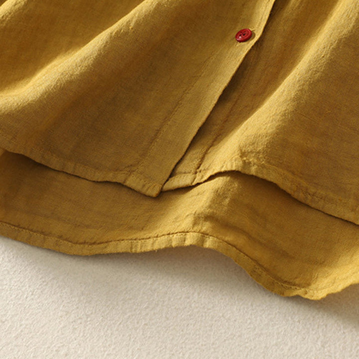 Koszula damska z krótkim rękawem z bawełny i lnu "Buddha Stones" z krótkim rękawem i gładkimi czerwonymi guzikami - image 19