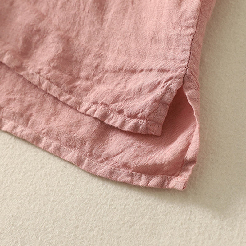 Koszula damska z krótkim rękawem z bawełny i lnu "Buddha Stones" z krótkim rękawem i gładkimi czerwonymi guzikami - image 14