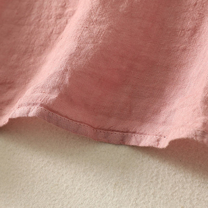 Koszula damska z krótkim rękawem z bawełny i lnu "Buddha Stones" z krótkim rękawem i gładkimi czerwonymi guzikami - image 13