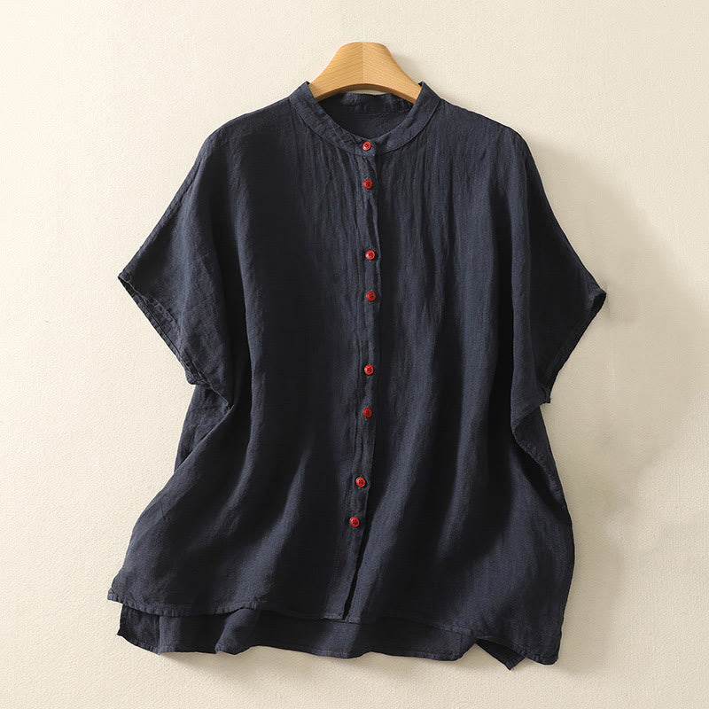 Koszula damska z krótkim rękawem „Buddha Stones Summer Plain Red Buttons” - MidnightBlue - US14, UK/AU18, EU46 (2XL) - image 0