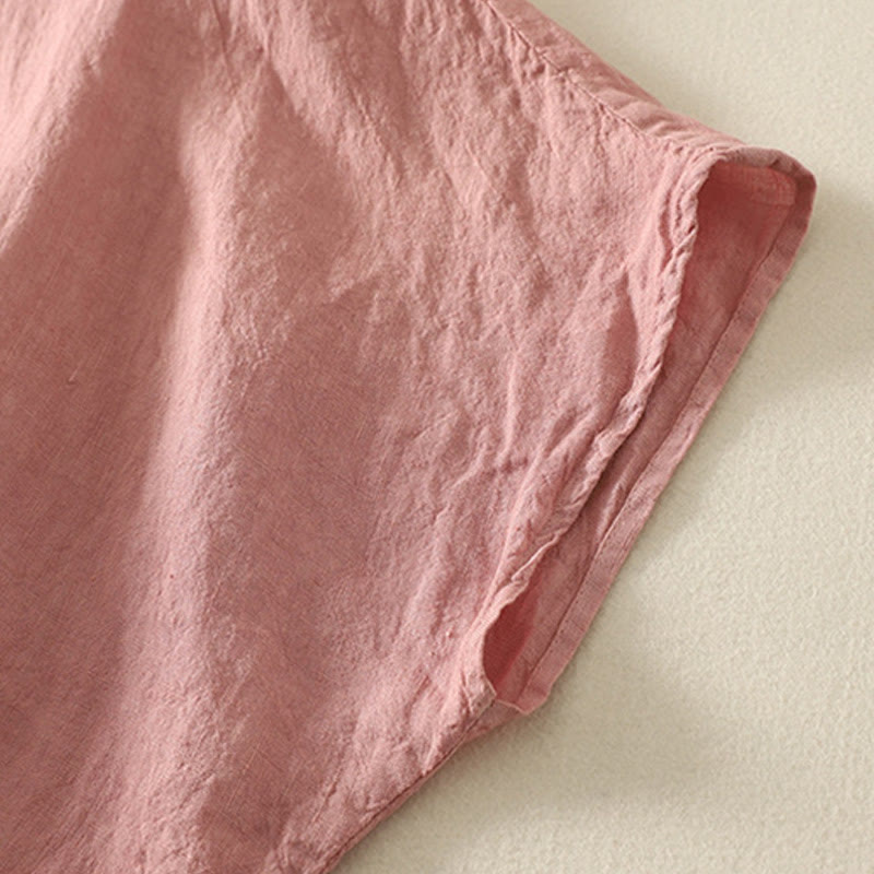 Koszula damska z krótkim rękawem z bawełny i lnu "Buddha Stones" z krótkim rękawem i gładkimi czerwonymi guzikami - image 11