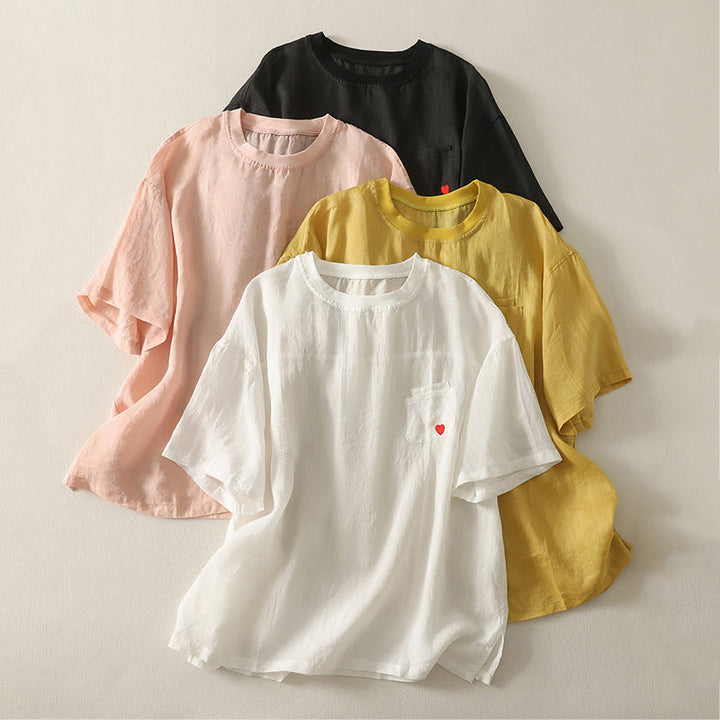 Koszulka damska z krótkim rękawem z bawełny i lnu z haftem "Buddha Stones" w kolorze czerwonym i sercem - image 20