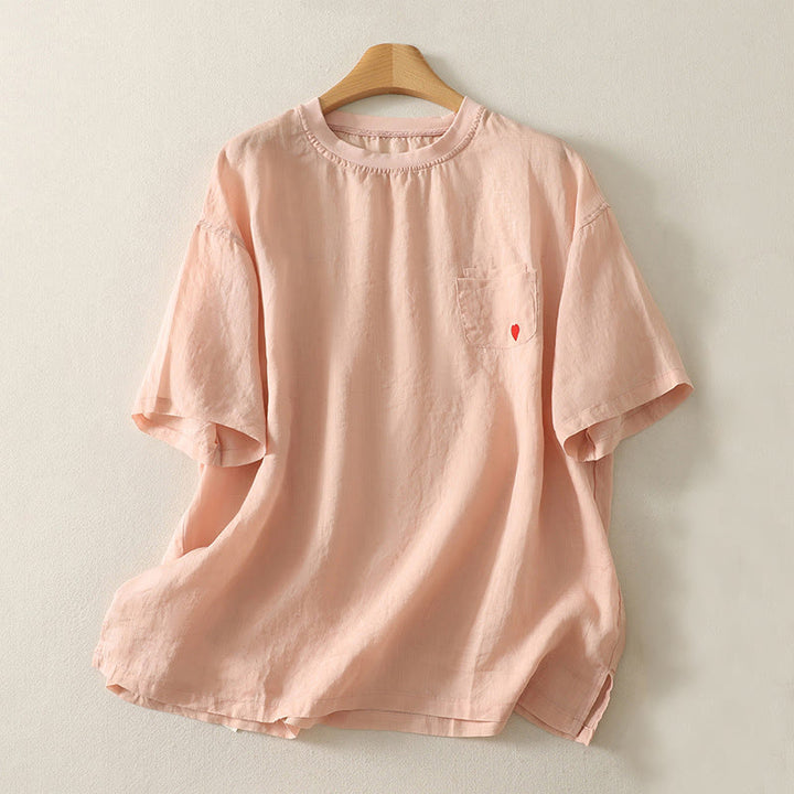 Koszulka damska z krótkim rękawem z bawełny i lnu z haftem "Buddha Stones" w kolorze czerwonym i sercem - LightSalmon - US14, UK/AU18, EU46 (2XL) - image 0