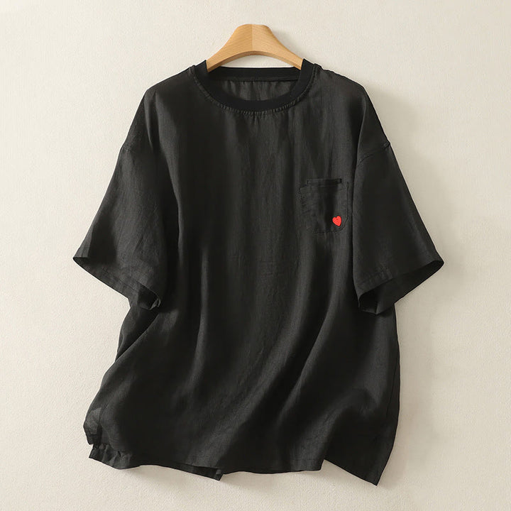 Koszulka damska z krótkim rękawem z bawełny i lnu z haftem "Buddha Stones" w kolorze czerwonym i sercem - Czarny - US14, UK/AU18, EU46 (2XL) - image 13