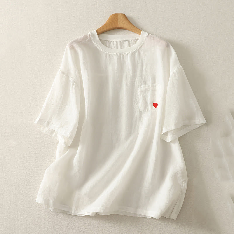 Koszulka damska z krótkim rękawem z bawełny i lnu z haftem "Buddha Stones" w kolorze czerwonym i sercem - Biały - US14, UK/AU18, EU46 (2XL) - image 3