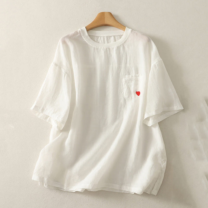 Koszulka damska z krótkim rękawem z bawełny i lnu z haftem "Buddha Stones" w kolorze czerwonym i sercem - Biały - US14, UK/AU18, EU46 (2XL) - image 3