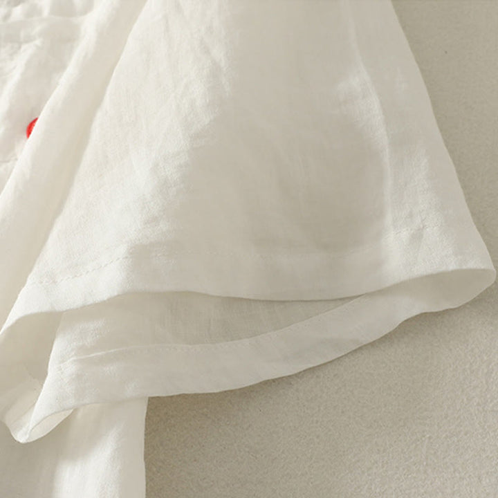 Koszulka damska z krótkim rękawem z bawełny i lnu z haftem "Buddha Stones" w kolorze czerwonym i sercem - image 9