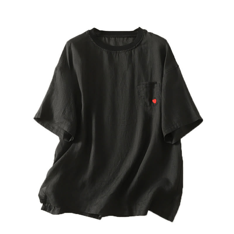 Koszulka damska z krótkim rękawem z bawełny i lnu z haftem "Buddha Stones" w kolorze czerwonym i sercem - image 19