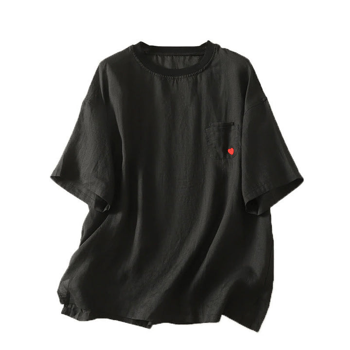 Koszulka damska z krótkim rękawem z bawełny i lnu z haftem "Buddha Stones" w kolorze czerwonym i sercem - image 19