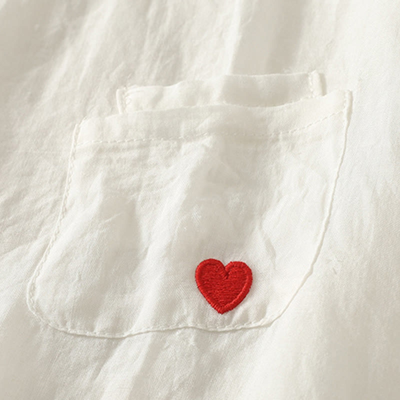 Koszulka damska z krótkim rękawem z bawełny i lnu z haftem "Buddha Stones" w kolorze czerwonym i sercem - image 7