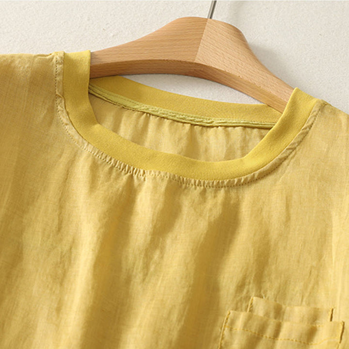 Koszulka damska z krótkim rękawem z bawełny i lnu z haftem "Buddha Stones" w kolorze czerwonym i sercem - image 11