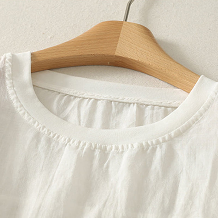 Koszulka damska z krótkim rękawem z bawełny i lnu z haftem "Buddha Stones" w kolorze czerwonym i sercem - image 6