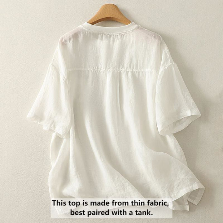 Koszulka damska z krótkim rękawem z bawełny i lnu z haftem "Buddha Stones" w kolorze czerwonym i sercem - image 5