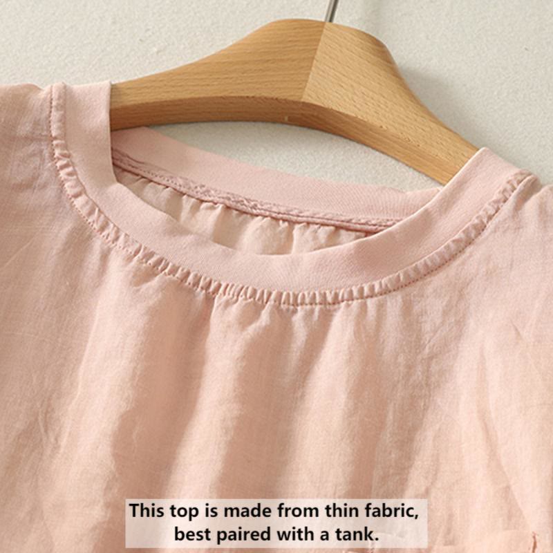 Koszulka damska z krótkim rękawem z bawełny i lnu z haftem "Buddha Stones" w kolorze czerwonym i sercem - image 2