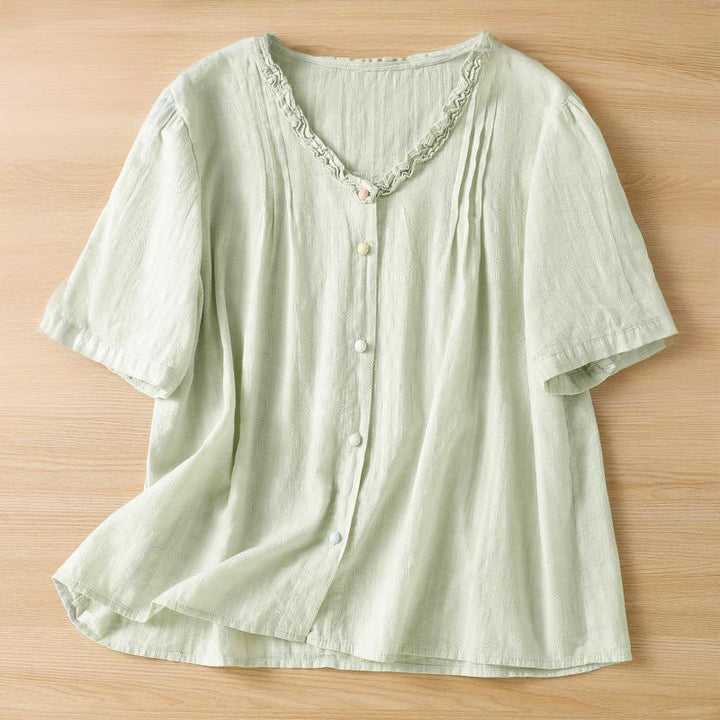 Koszula damska z krótkim rękawem i plisowanym marszczeniem w kształcie Buddha Stones - PaleGreen - US14, UK/AU18, EU46 (2XL) - image 1