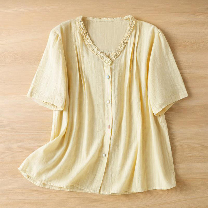 Koszula damska z krótkim rękawem i plisowanym marszczeniem w kształcie Buddha Stones - Jasnożółty - US14, UK/AU18, EU46 (2XL) - image 9