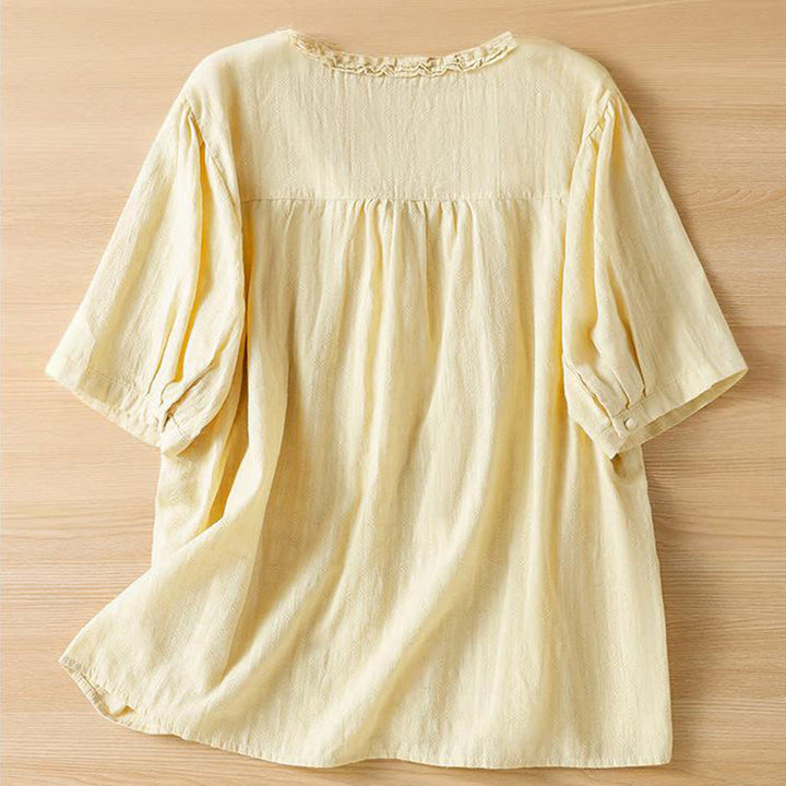 Koszula damska z krótkim rękawem i plisowanym marszczeniem w kształcie Buddha Stones - image 10