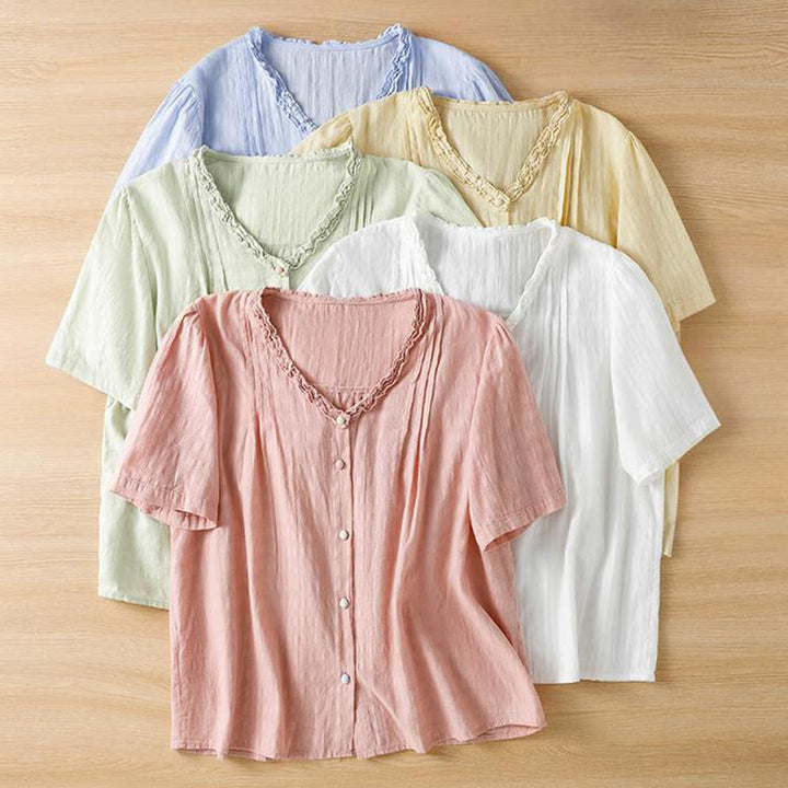 Koszula damska z krótkim rękawem i plisowanym marszczeniem w kształcie Buddha Stones - image 24