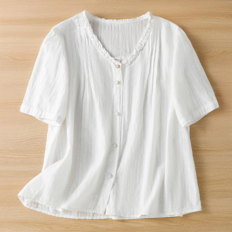 Koszula damska z krótkim rękawem i plisowanym marszczeniem w kształcie Buddha Stones - Biały - US14, UK/AU18, EU46 (2XL) - image 14