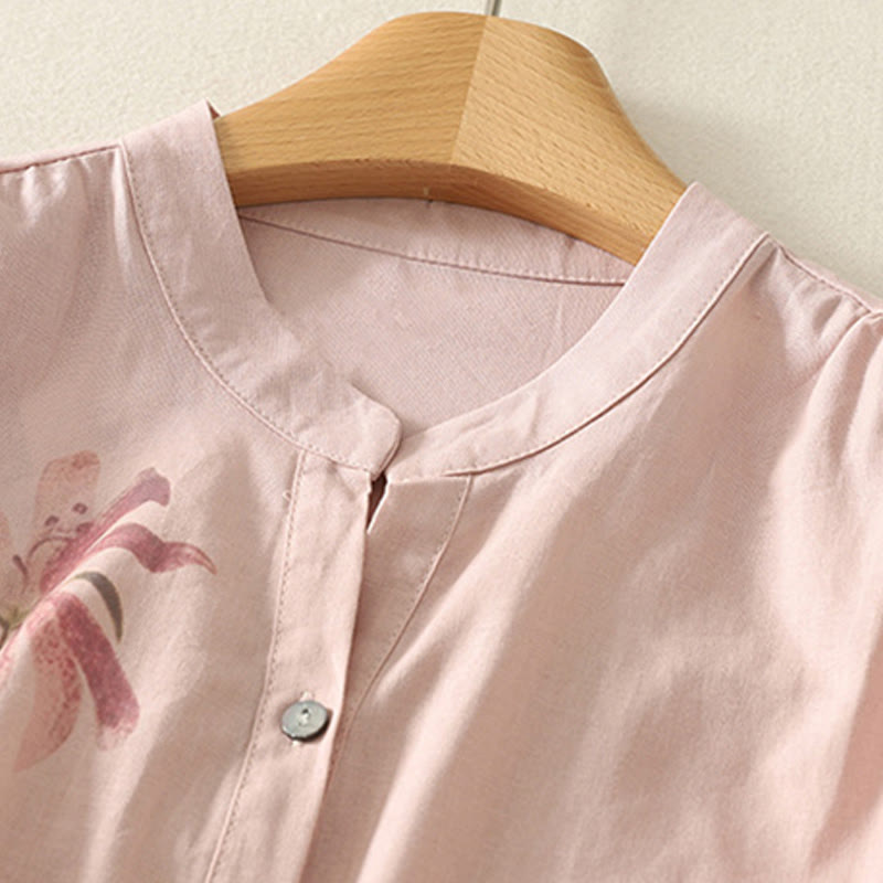 Koszula damska z bawełny i lnu z nadrukiem "Buddha Stones Daily Printing" z motywem lilii i bufiastymi rękawami - image 3