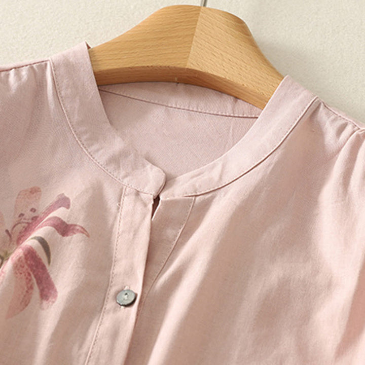 Koszula damska z bawełny i lnu z nadrukiem "Buddha Stones Daily Printing" z motywem lilii i bufiastymi rękawami - image 3