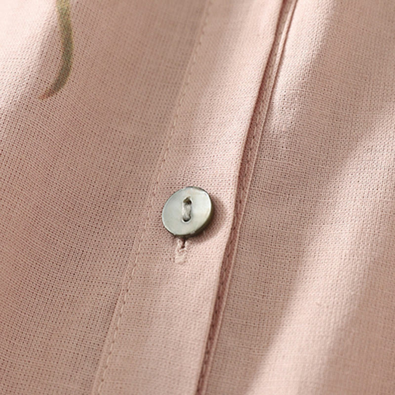 Koszula damska z bawełny i lnu z nadrukiem "Buddha Stones Daily Printing" z motywem lilii i bufiastymi rękawami - image 6