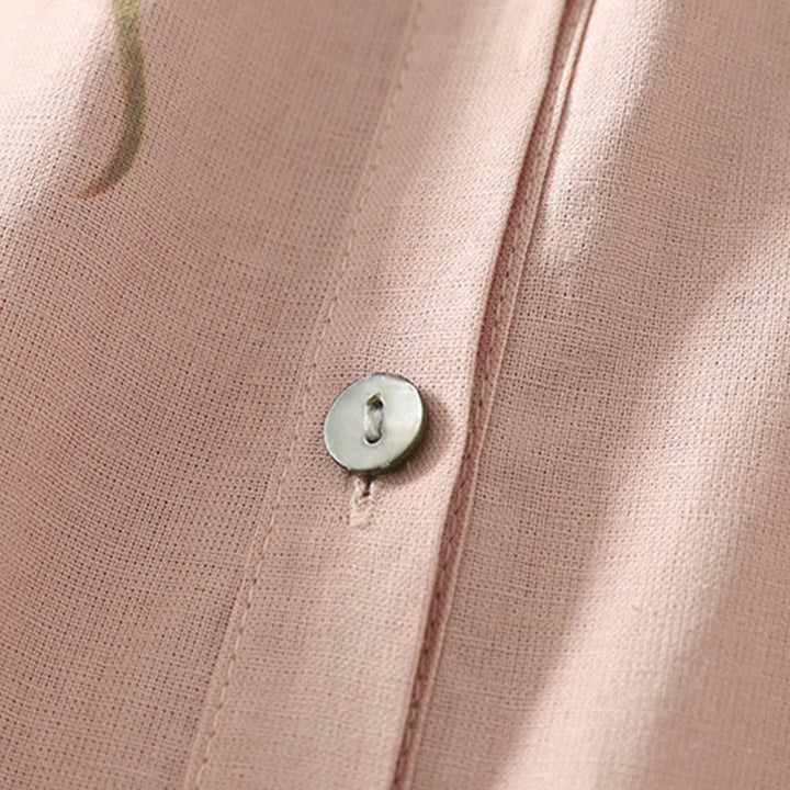 Koszula damska z bawełny i lnu z nadrukiem "Buddha Stones Daily Printing" z motywem lilii i bufiastymi rękawami - image 6