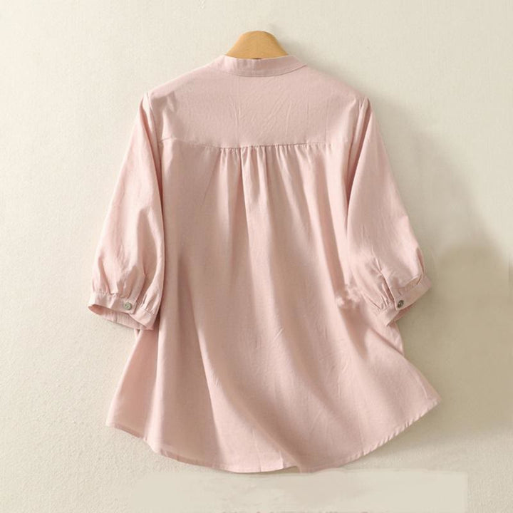 Koszula damska z bawełny i lnu z nadrukiem "Buddha Stones Daily Printing" z motywem lilii i bufiastymi rękawami - image 2