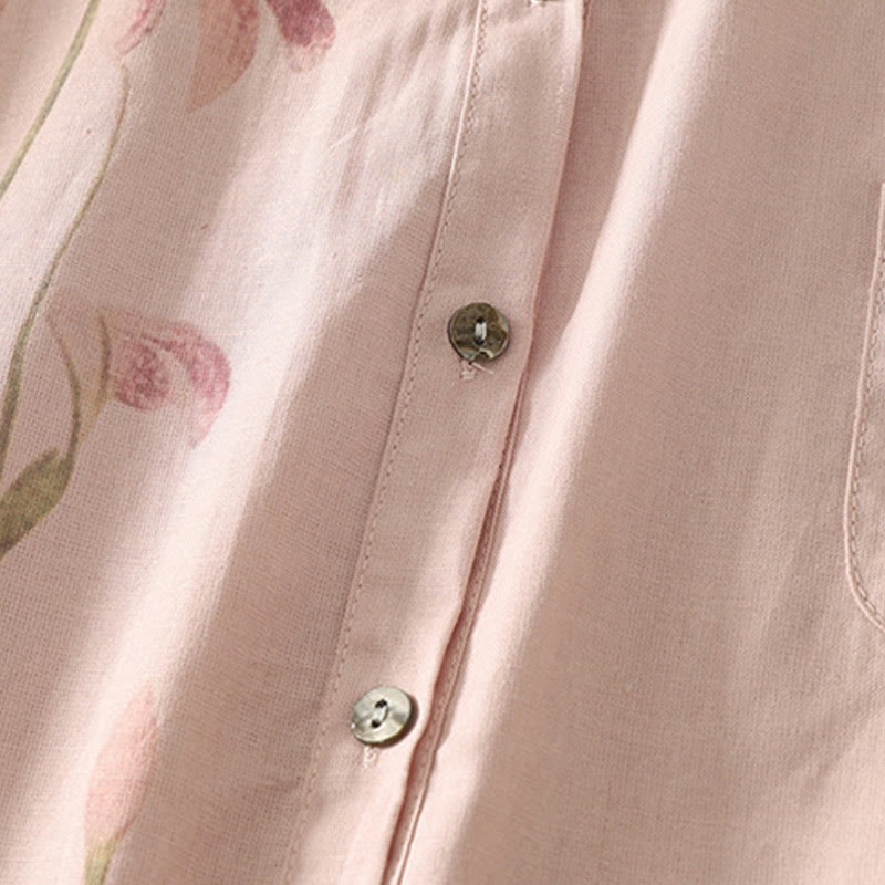 Koszula damska z bawełny i lnu z nadrukiem "Buddha Stones Daily Printing" z motywem lilii i bufiastymi rękawami - image 5