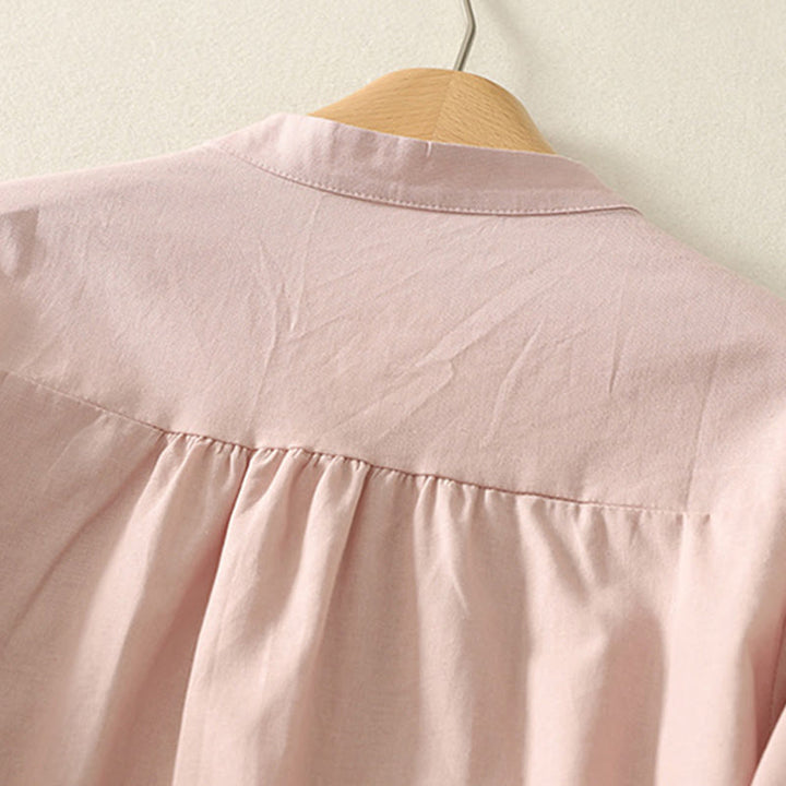 Koszula damska z bawełny i lnu z nadrukiem "Buddha Stones Daily Printing" z motywem lilii i bufiastymi rękawami - image 4