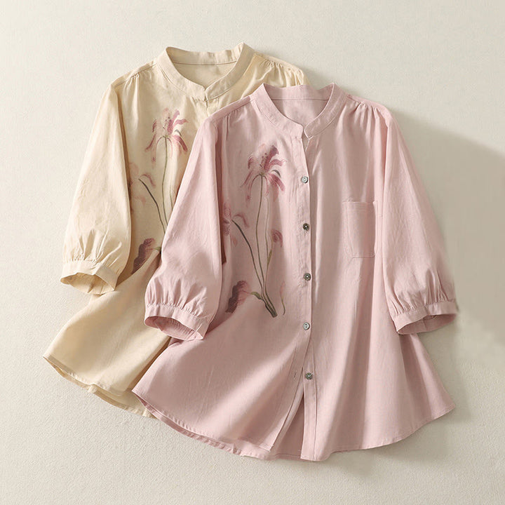 Koszula damska z bawełny i lnu z nadrukiem "Buddha Stones Daily Printing" z motywem lilii i bufiastymi rękawami - image 18