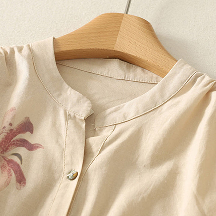 Koszula damska z bawełny i lnu z nadrukiem "Buddha Stones Daily Printing" z motywem lilii i bufiastymi rękawami - image 13