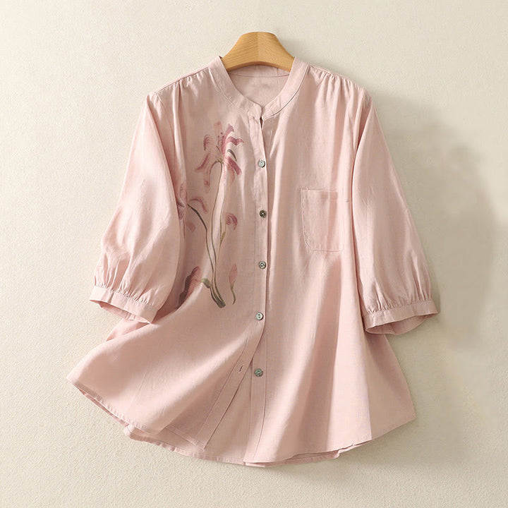 Koszula damska z bawełny i lnu z nadrukiem "Buddha Stones Daily Printing" z motywem lilii i bufiastymi rękawami - Jasnoróżowy - US12, UK/AU16, EU44 (2XL) - image 1