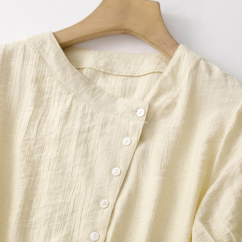 Koszula damska z krótkim rękawem z bufiastymi, bawełnianymi rękawami i asymetrycznym sznurowaniem w kolorze Buddha Stones - image 10