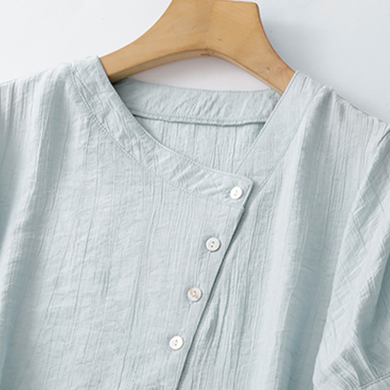 Koszula damska z krótkim rękawem z bufiastymi, bawełnianymi rękawami i asymetrycznym sznurowaniem w kolorze Buddha Stones - image 2