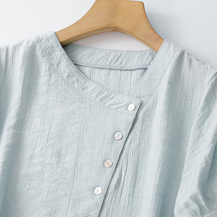 Koszula damska z krótkim rękawem z bufiastymi, bawełnianymi rękawami i asymetrycznym sznurowaniem w kolorze Buddha Stones - image 2