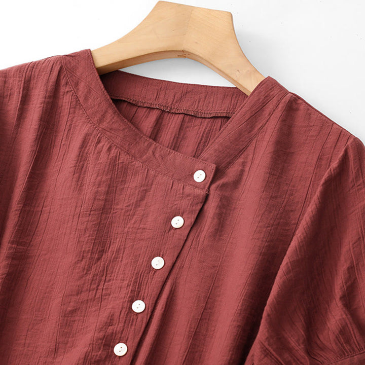 Koszula damska z krótkim rękawem z bufiastymi, bawełnianymi rękawami i asymetrycznym sznurowaniem w kolorze Buddha Stones - image 19