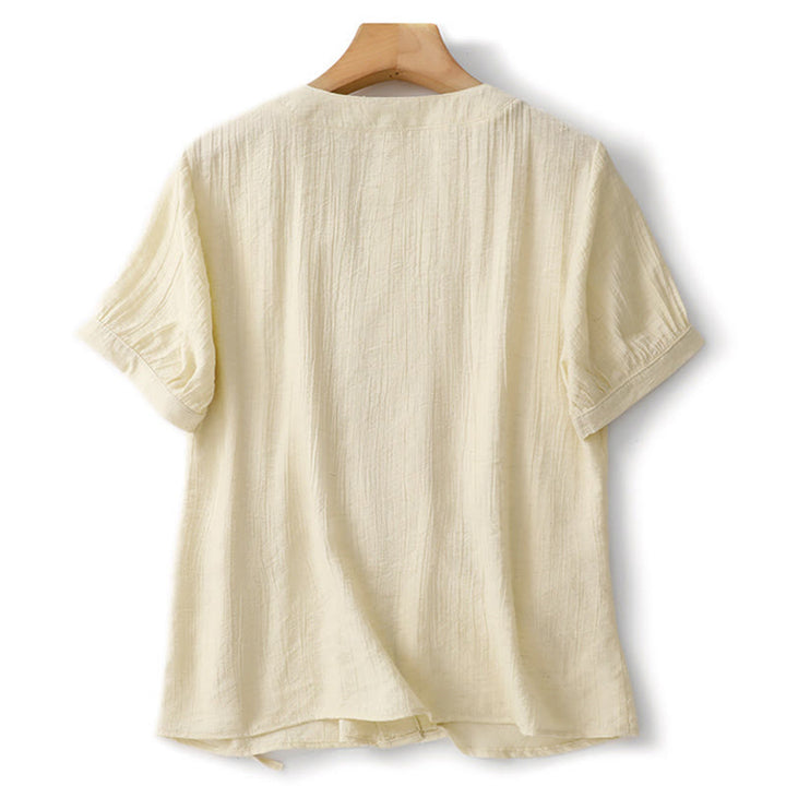 Koszula damska z krótkim rękawem z bufiastymi, bawełnianymi rękawami i asymetrycznym sznurowaniem w kolorze Buddha Stones - image 9