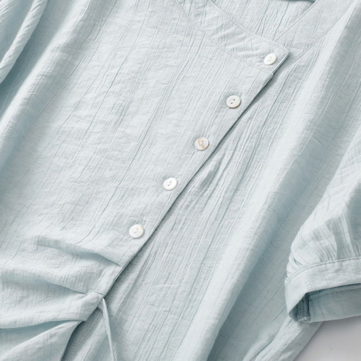 Koszula damska z krótkim rękawem z bufiastymi, bawełnianymi rękawami i asymetrycznym sznurowaniem w kolorze Buddha Stones - image 4