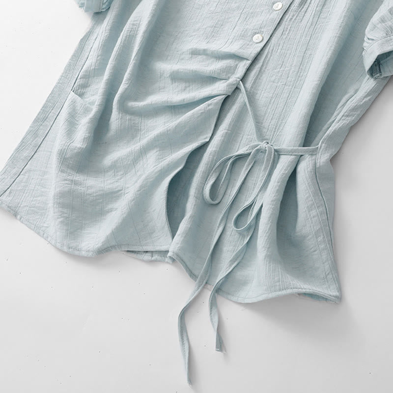 Koszula damska z krótkim rękawem z bufiastymi, bawełnianymi rękawami i asymetrycznym sznurowaniem w kolorze Buddha Stones - image 7