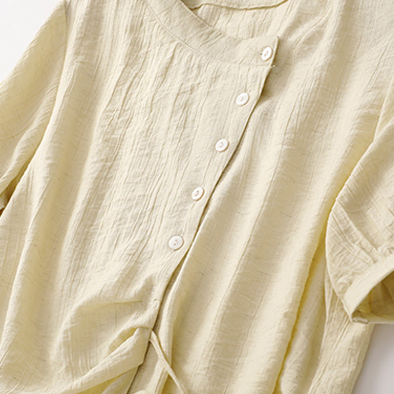 Koszula damska z krótkim rękawem z bufiastymi, bawełnianymi rękawami i asymetrycznym sznurowaniem w kolorze Buddha Stones - image 11