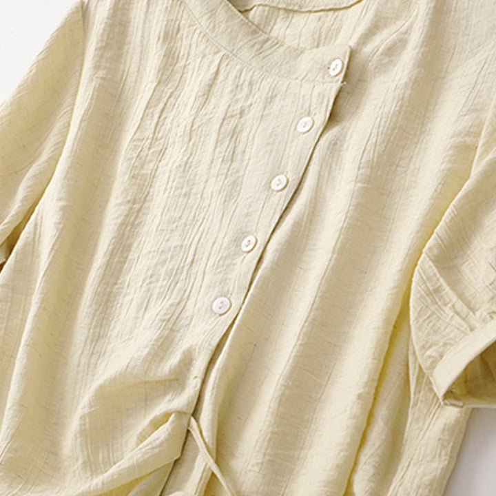 Koszula damska z krótkim rękawem z bufiastymi, bawełnianymi rękawami i asymetrycznym sznurowaniem w kolorze Buddha Stones - image 11