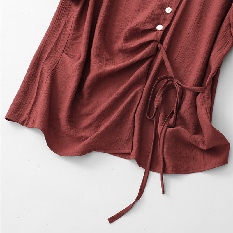 Koszula damska z krótkim rękawem z bufiastymi, bawełnianymi rękawami i asymetrycznym sznurowaniem w kolorze Buddha Stones - image 23