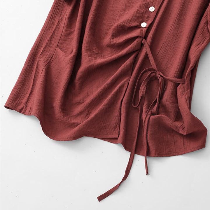 Koszula damska z krótkim rękawem z bufiastymi, bawełnianymi rękawami i asymetrycznym sznurowaniem w kolorze Buddha Stones - image 23